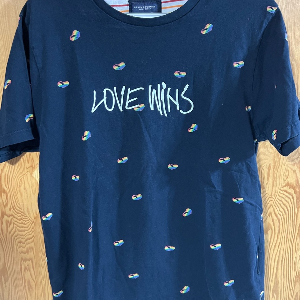 Love Wins Navy T-Shirt With Rainbow Hearts